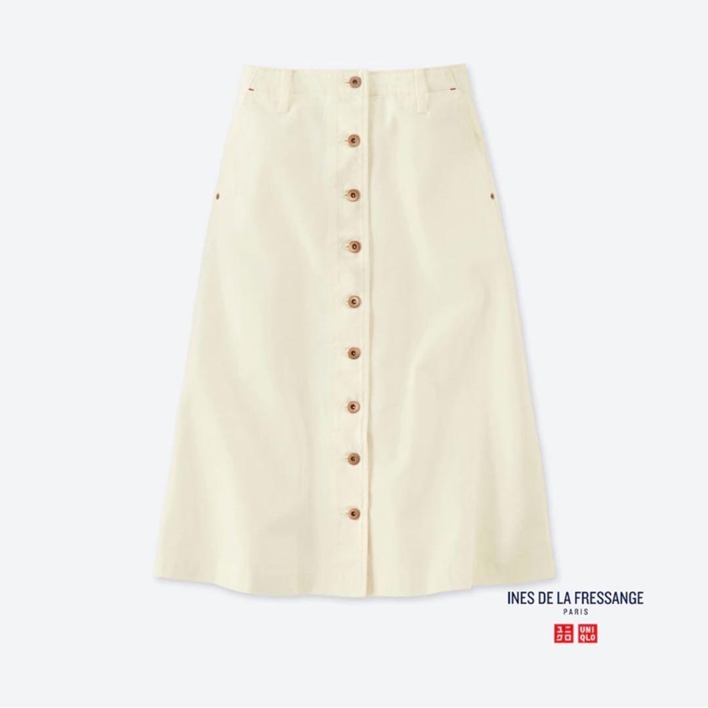 Ines de la Fressange x Uniqlo Off-White Denim Midi Skirt w/ Copper Buttons